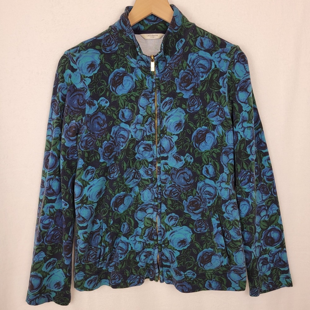 Liz Claiborne Petite Large Floral Jacket Blue Rose Full Zip Gold Hardware PL